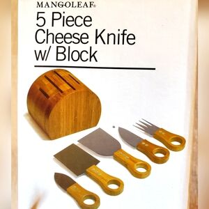 5-Piece Cheese Knife Set with Bamboo Block Stainless Blades by Mangoleaf - NIB